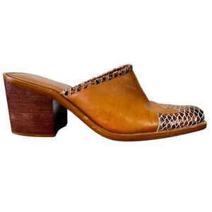 Connie Stirrup Brown Tan‎ Leather Snakeskin Western Block Hills Mules Clogs 8.5